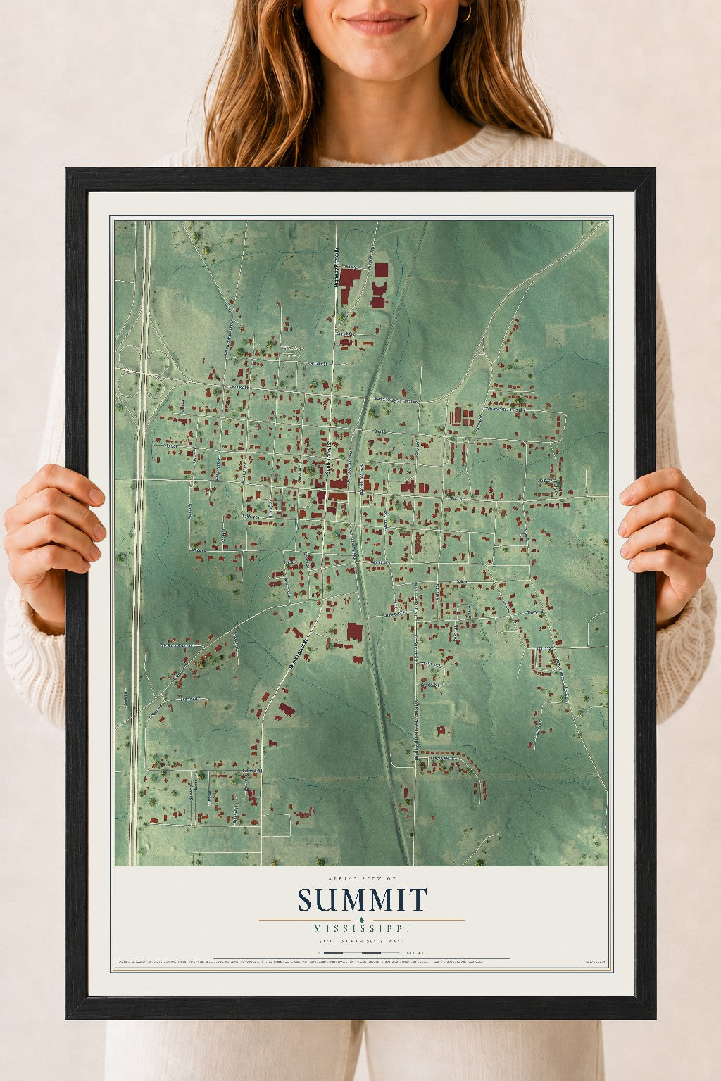 Map of Summit, Mississippi, 18 x 24 inch print in a black wood frame