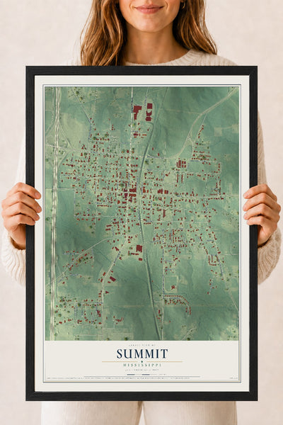 Map of Summit, Mississippi, 18 x 24 inch print in a black wood frame