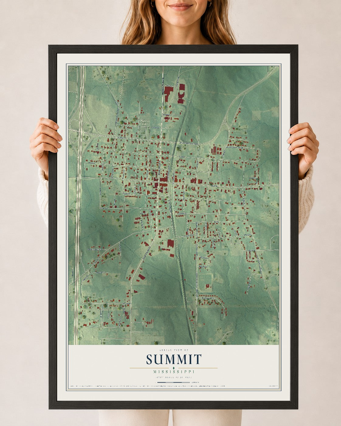 Map of Summit, Mississippi, 24 x 36 inch print in a black wood frame