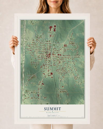 Map of Summit, Mississippi, 24 x 36 inch print in a white wood frame