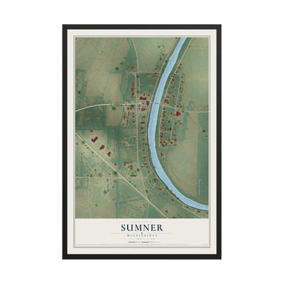 Map of Sumner, Mississippi, 12 x 18 inch print in a black wood frame