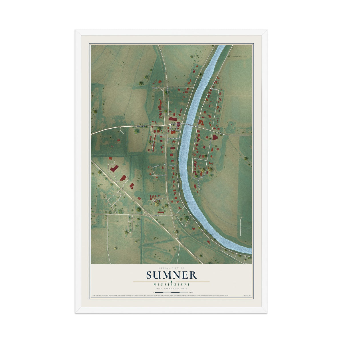 Map of Sumner, Mississippi, 12 x 18 inch print in a white wood frame