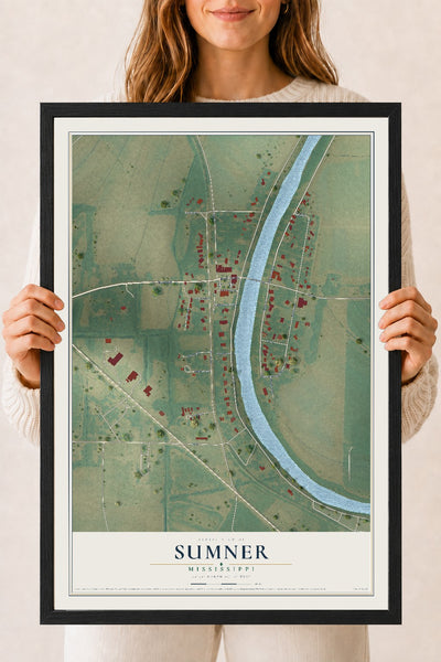 Map of Sumner, Mississippi, 18 x 24 inch print in a black wood frame