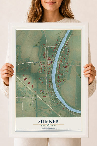 Map of Sumner, Mississippi, 18 x 24 inch print in a white wood frame