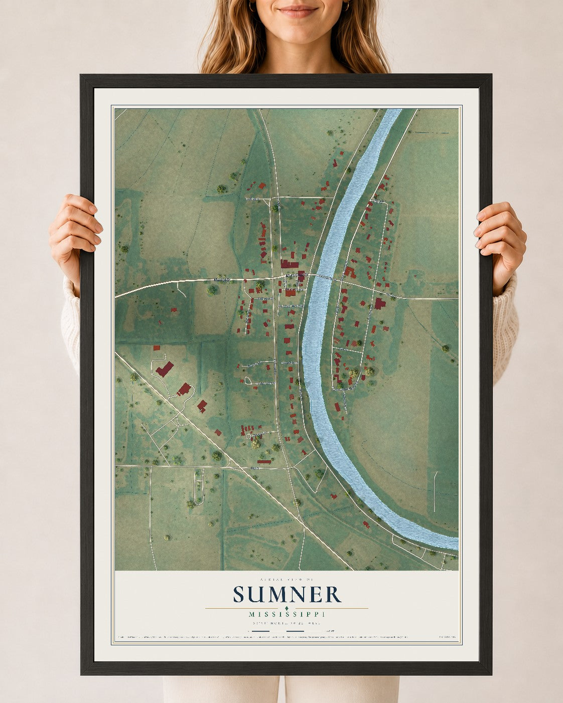 Map of Sumner, Mississippi, 24 x 36 inch print in a black wood frame