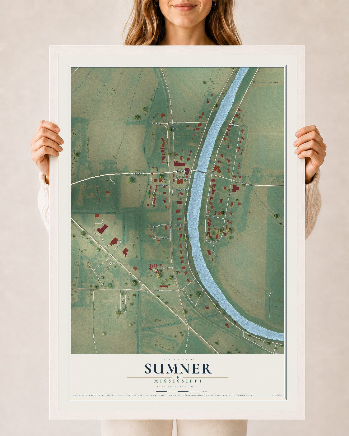 Map of Sumner, Mississippi, 24 x 36 inch print in a white wood frame
