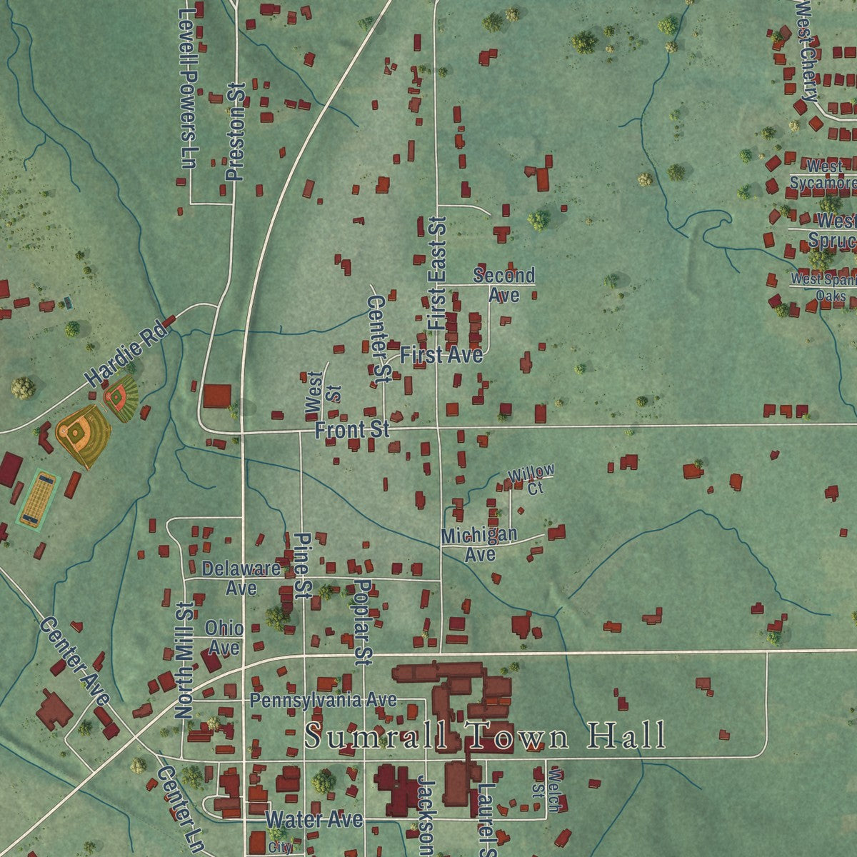 Close-up of the map of Sumrall, Mississippi print showing street and building detail