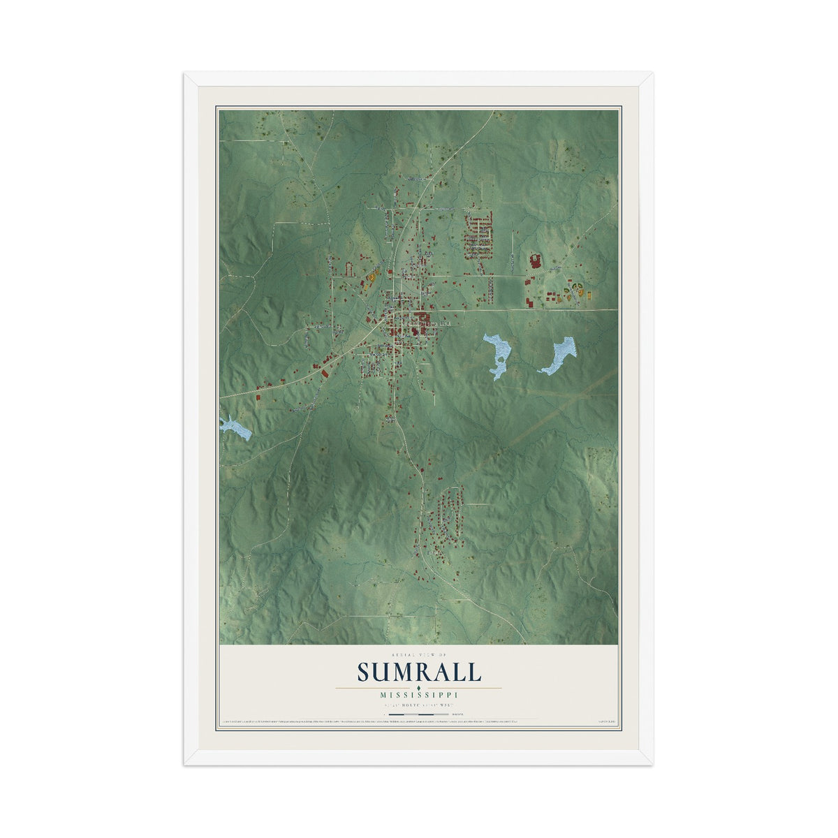 Map of Sumrall, Mississippi, 12 x 18 inch print in a white wood frame