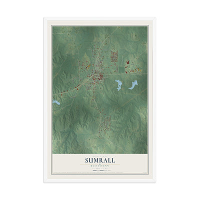 Map of Sumrall, Mississippi, 12 x 18 inch print in a white wood frame
