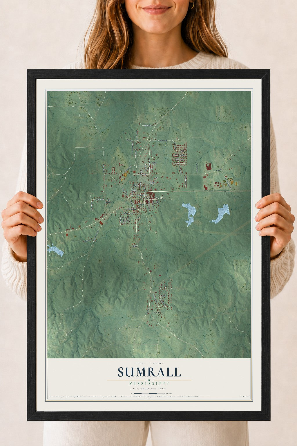 Map of Sumrall, Mississippi, 18 x 24 inch print in a black wood frame