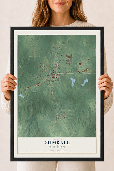 Map of Sumrall, Mississippi, 18 x 24 inch print in a black wood frame