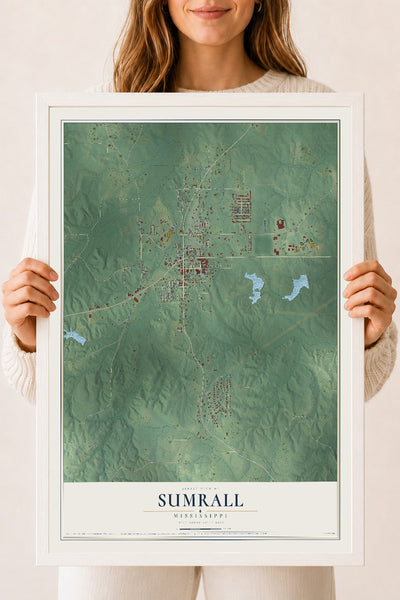 Map of Sumrall, Mississippi, 18 x 24 inch print in a white wood frame