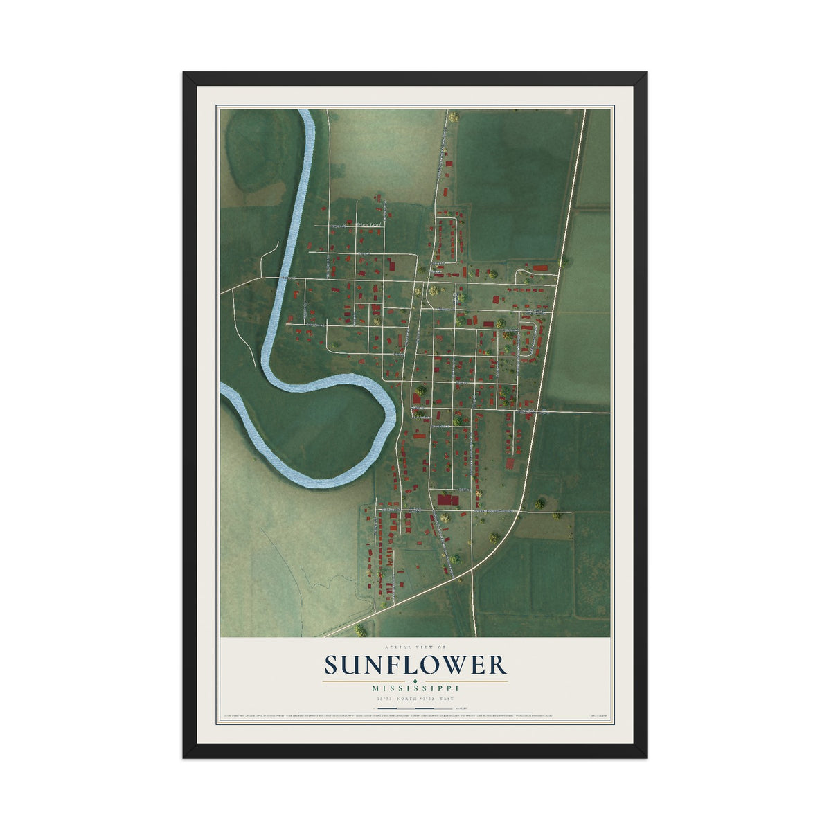 Map of Sunflower, Mississippi, 12 x 18 inch print in a black wood frame