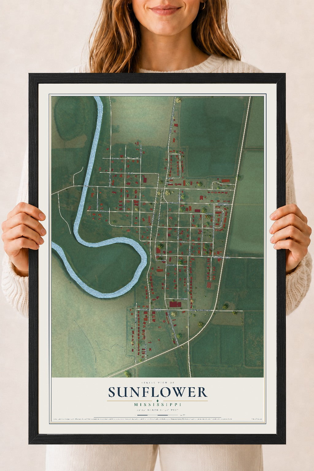 Map of Sunflower, Mississippi, 18 x 24 inch print in a black wood frame