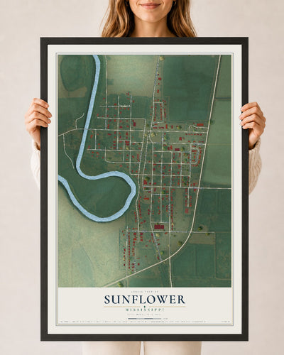 Map of Sunflower, Mississippi, 24 x 36 inch print in a black wood frame