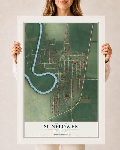 Map of Sunflower, Mississippi, 24 x 36 inch print in a white wood frame