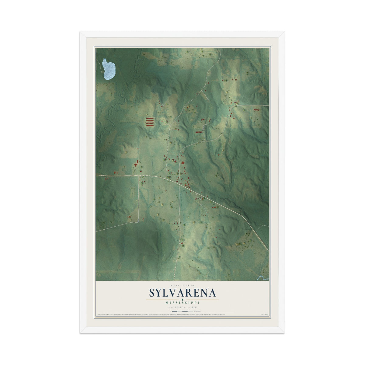 Map of Sylvarena, Mississippi, 12 x 18 inch print in a white wood frame