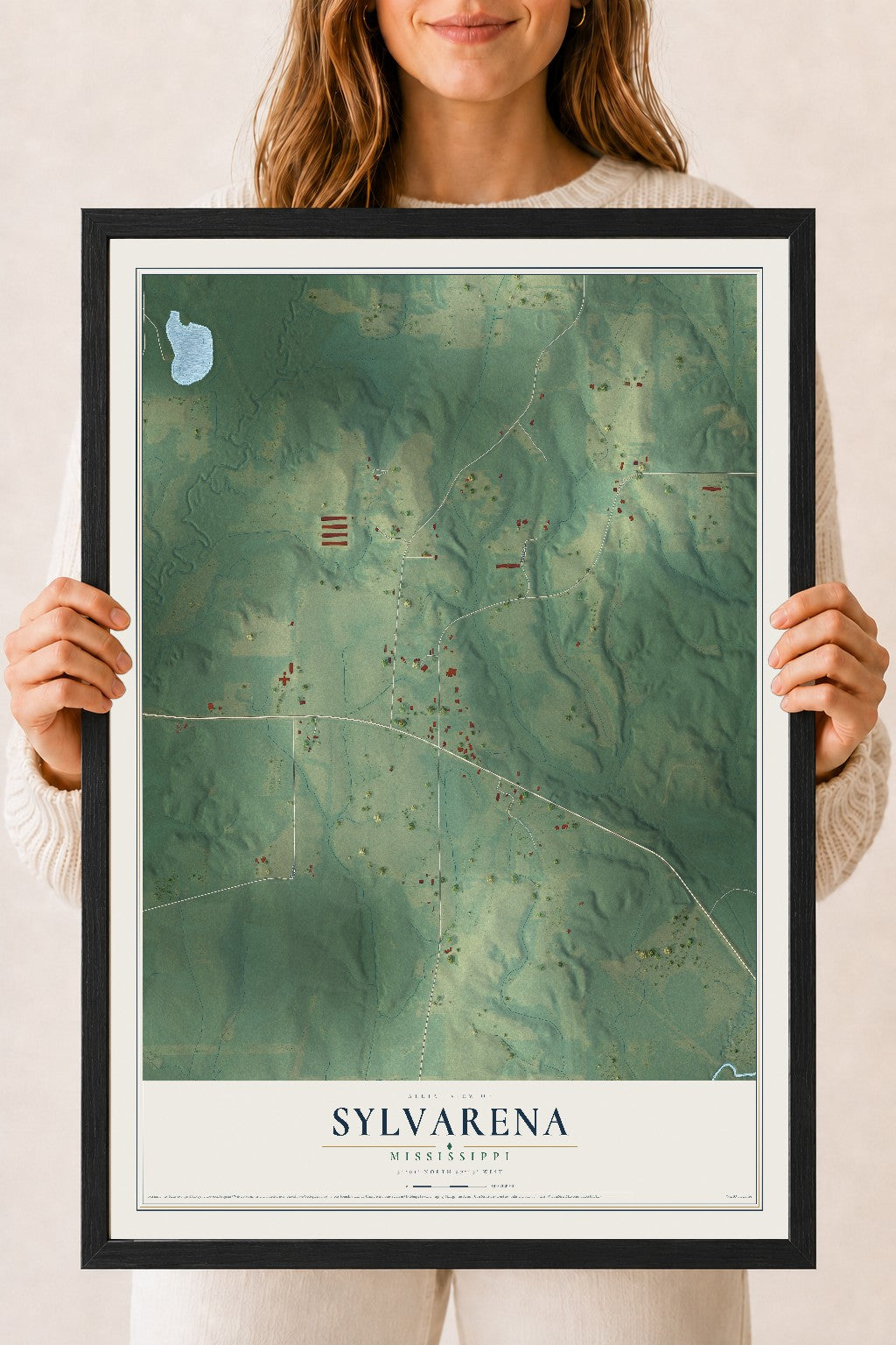 Map of Sylvarena, Mississippi, 18 x 24 inch print in a black wood frame