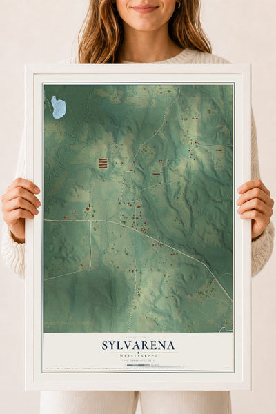Map of Sylvarena, Mississippi, 18 x 24 inch print in a white wood frame