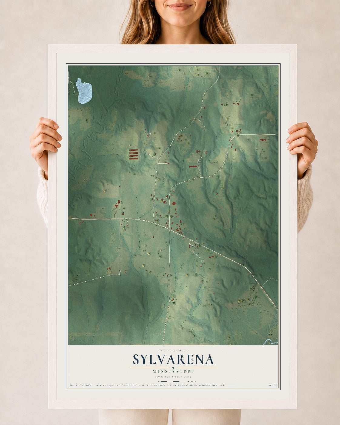 Map of Sylvarena, Mississippi, 24 x 36 inch print in a white wood frame