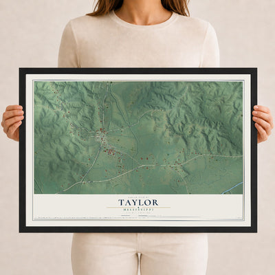 Map of Taylor, Mississippi, 12 x 18 inch print in a black wood frame