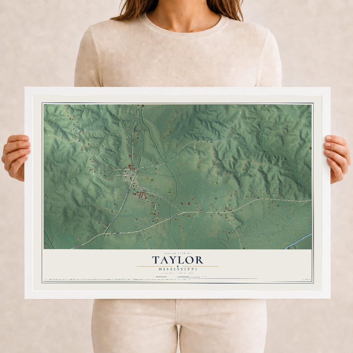 Map of Taylor, Mississippi, 12 x 18 inch print in a white wood frame