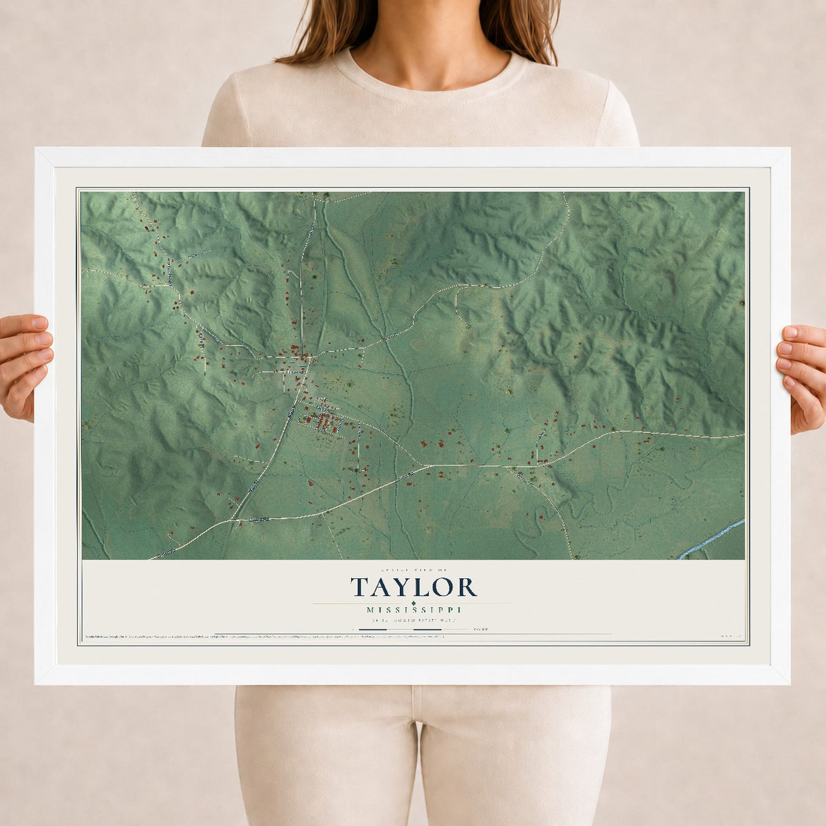Map of Taylor, Mississippi, 18 x 24 inch print in a white wood frame