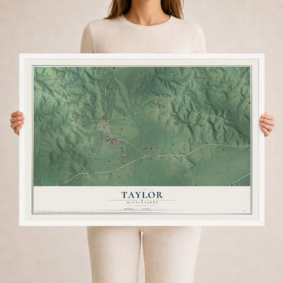Map of Taylor, Mississippi, 24 x 36 inch print in a white wood frame