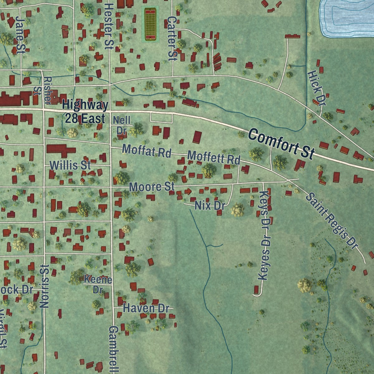 Close-up of the map of Taylorsville, Mississippi print showing street and building detail
