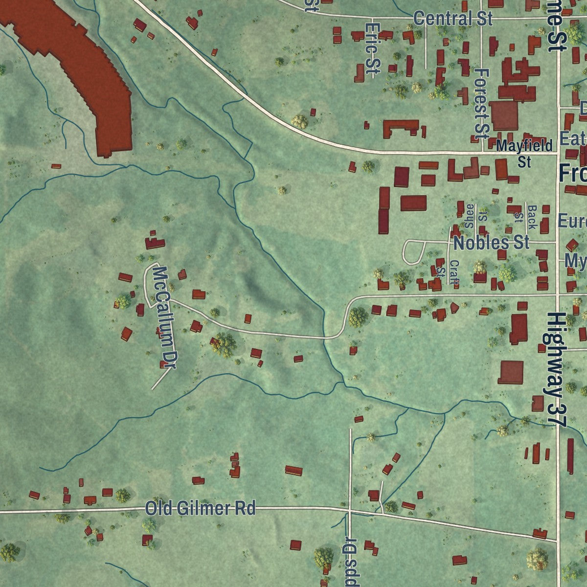 Second close-up of the map of Taylorsville, Mississippi print showing more streets and buildings