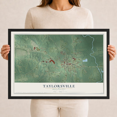 Map of Taylorsville, Mississippi, 12 x 18 inch print in a black wood frame