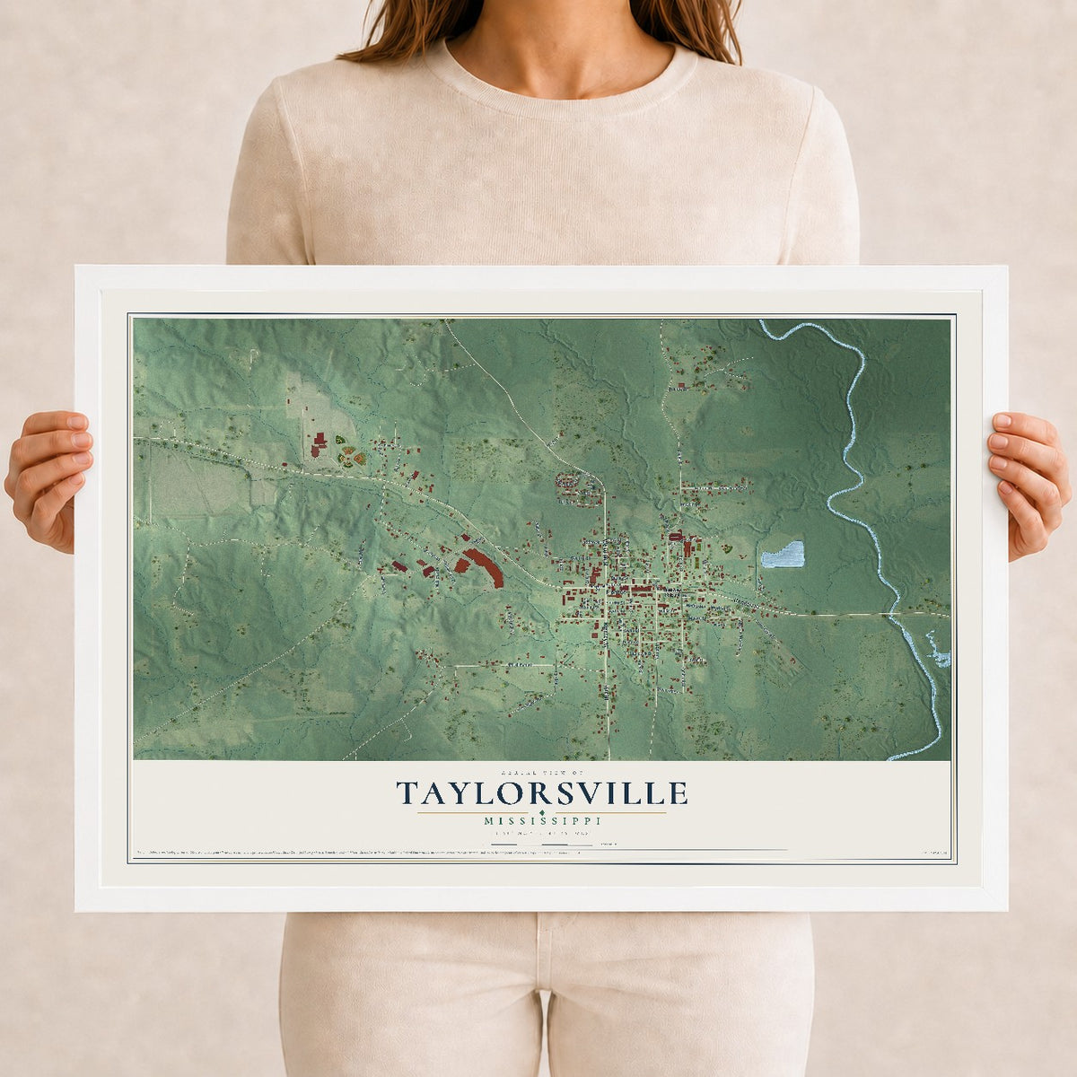 Map of Taylorsville, Mississippi, 12 x 18 inch print in a white wood frame