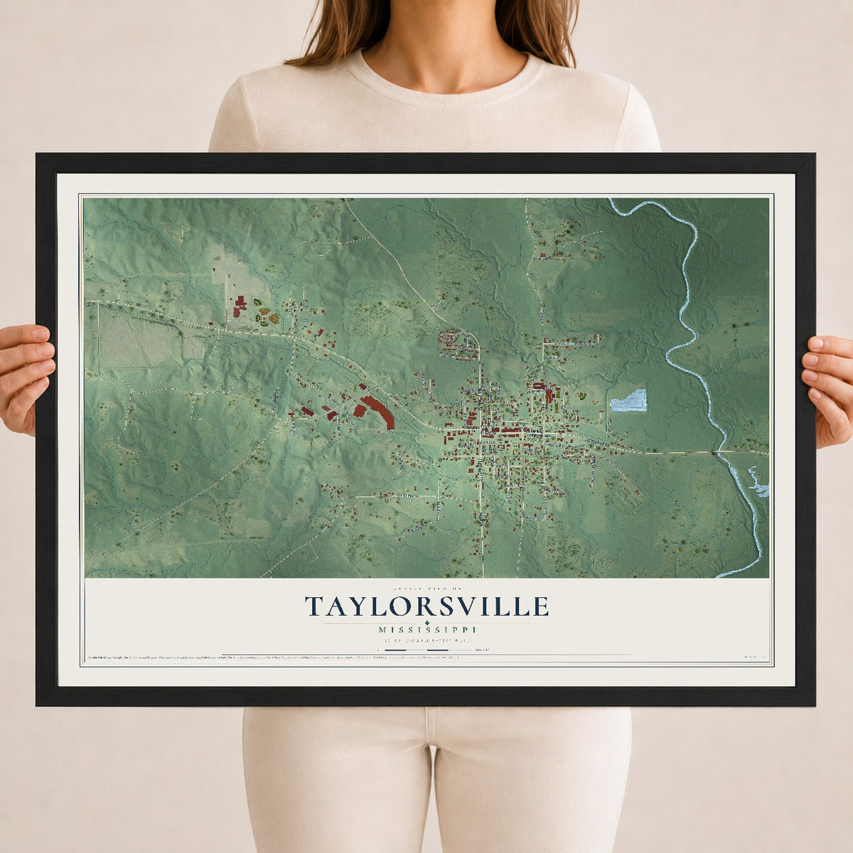 Map of Taylorsville, Mississippi, 18 x 24 inch print in a black wood frame