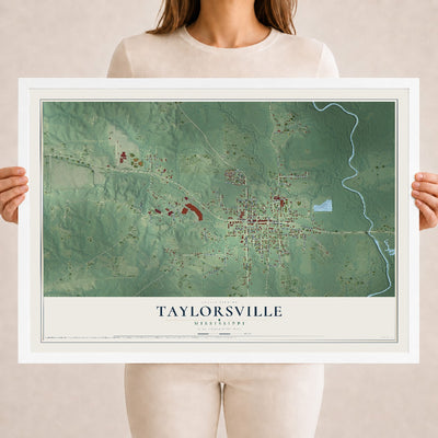 Map of Taylorsville, Mississippi, 18 x 24 inch print in a white wood frame