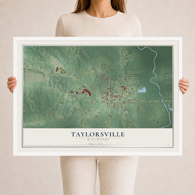 Map of Taylorsville, Mississippi, 24 x 36 inch print in a white wood frame