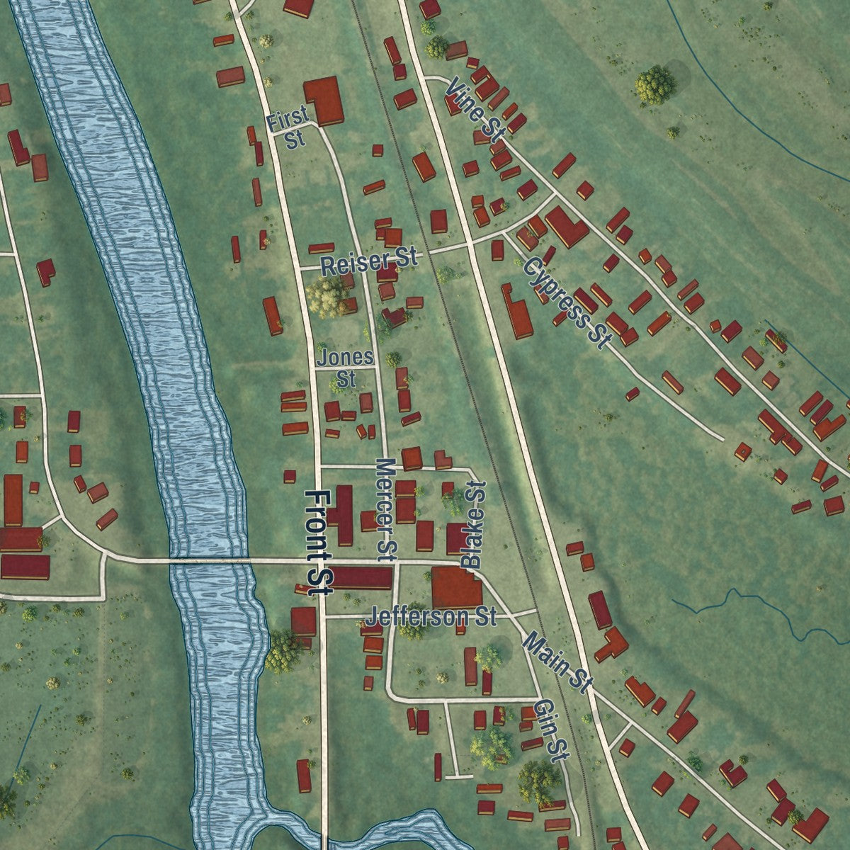 Close-up of the map of Tchula, Mississippi print showing street and building detail