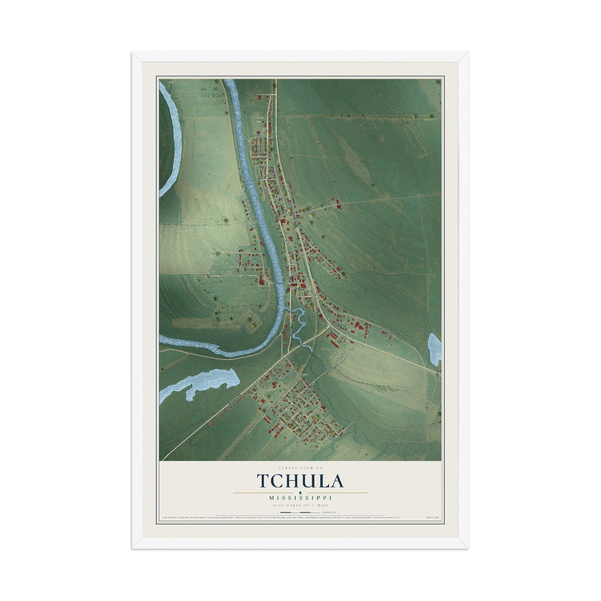 Map of Tchula, Mississippi, 12 x 18 inch print in a white wood frame