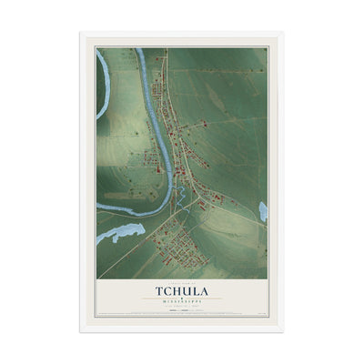 Map of Tchula, Mississippi, 12 x 18 inch print in a white wood frame