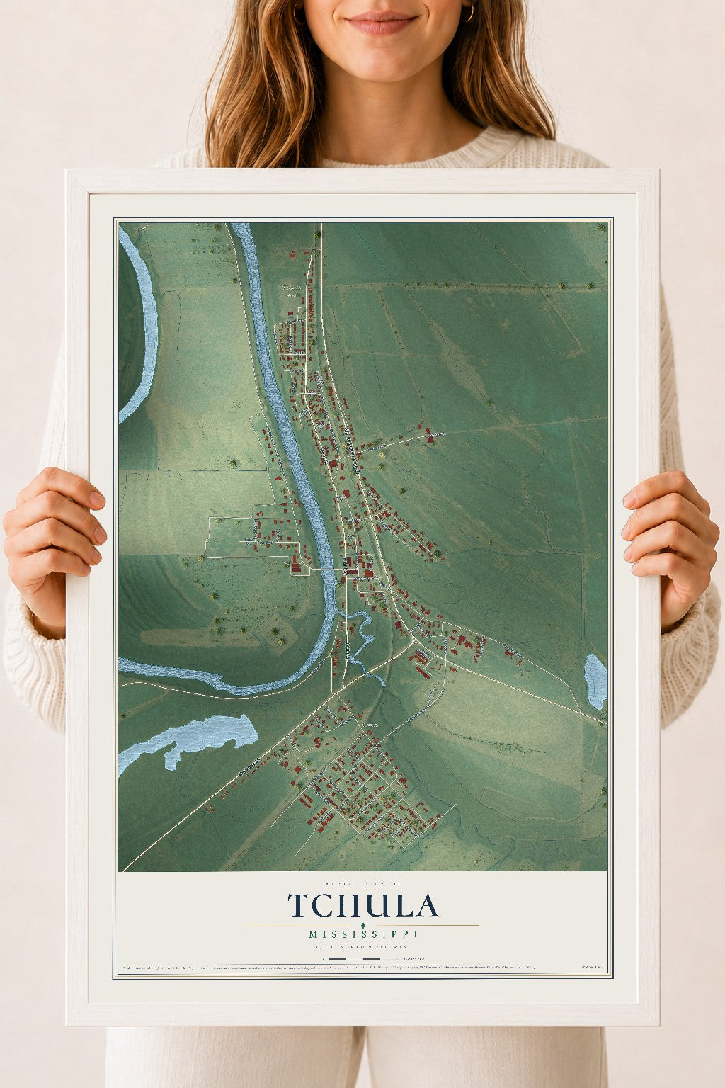 Map of Tchula, Mississippi, 18 x 24 inch print in a white wood frame