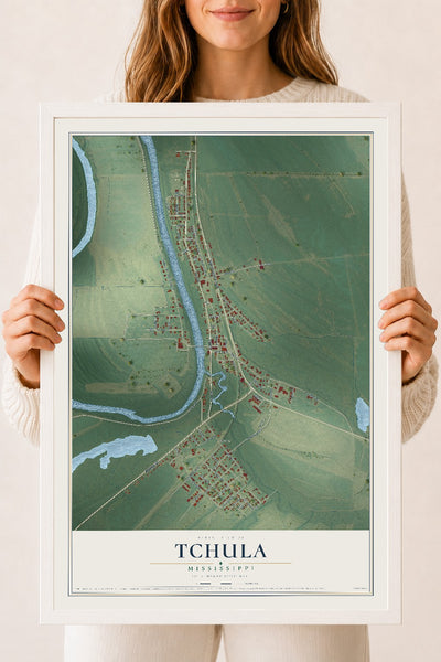 Map of Tchula, Mississippi, 18 x 24 inch print in a white wood frame