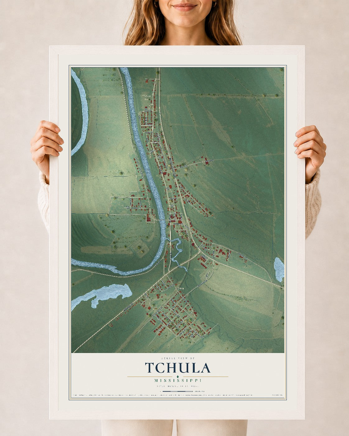 Map of Tchula, Mississippi, 24 x 36 inch print in a white wood frame