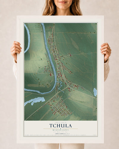 Map of Tchula, Mississippi, 24 x 36 inch print in a white wood frame