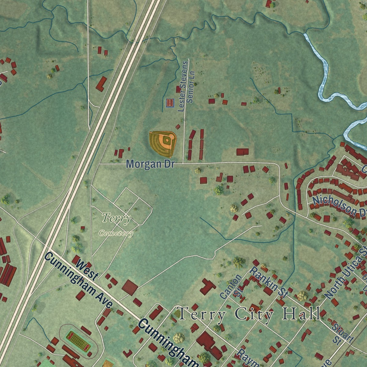 Close-up of the map of Terry, Mississippi print showing street and building detail