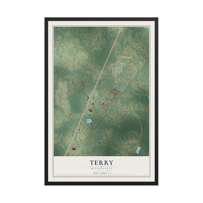 Map of Terry, Mississippi, 12 x 18 inch print in a black wood frame