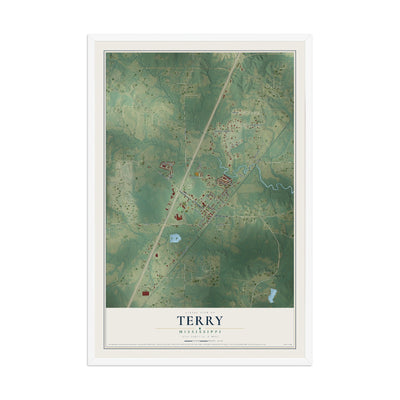 Map of Terry, Mississippi, 12 x 18 inch print in a white wood frame