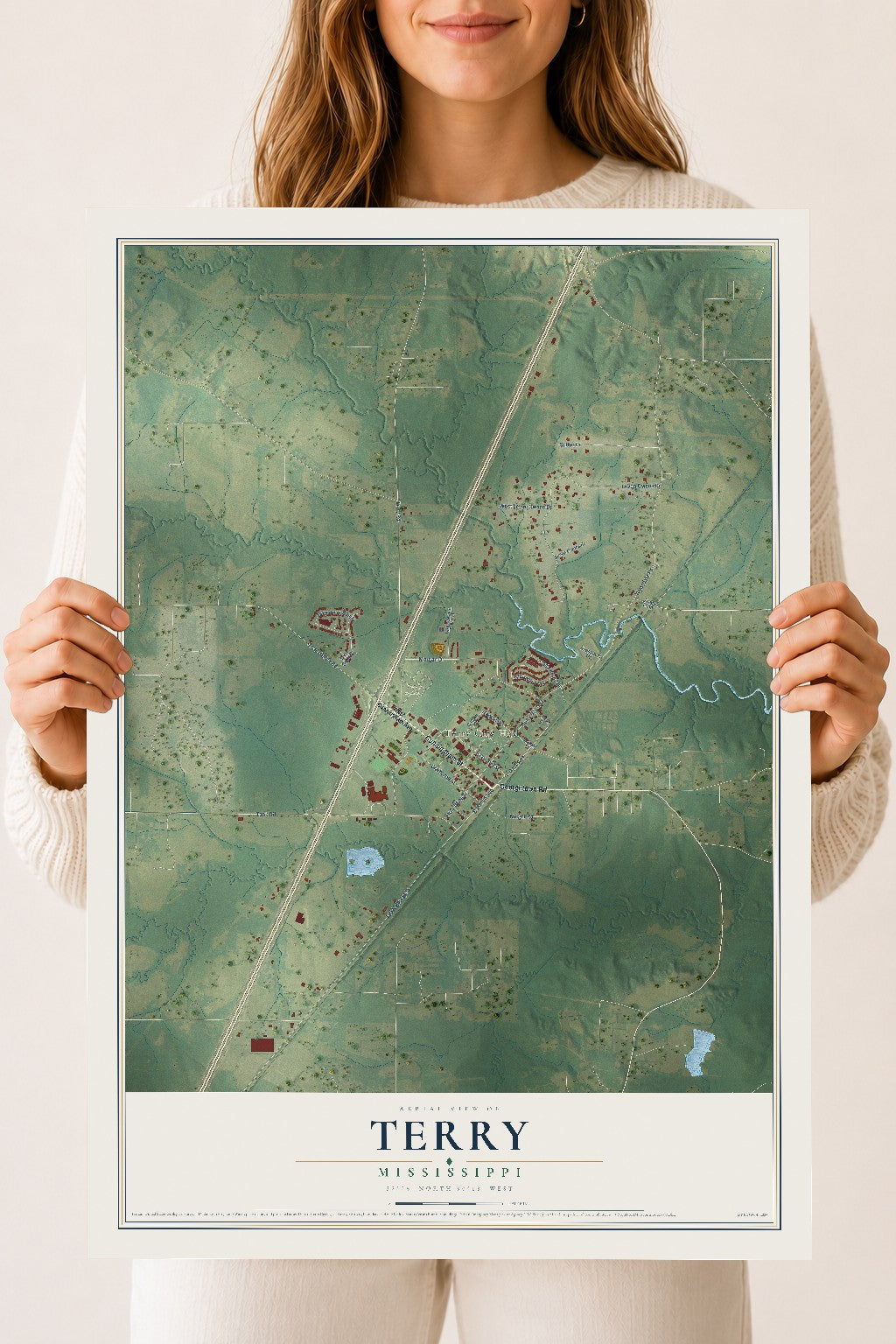 Map of Terry, Mississippi, 18 x 24 inch unframed archival matte print