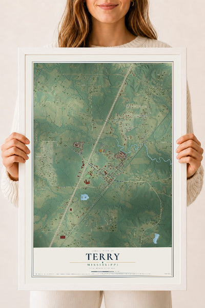 Map of Terry, Mississippi, 18 x 24 inch print in a white wood frame