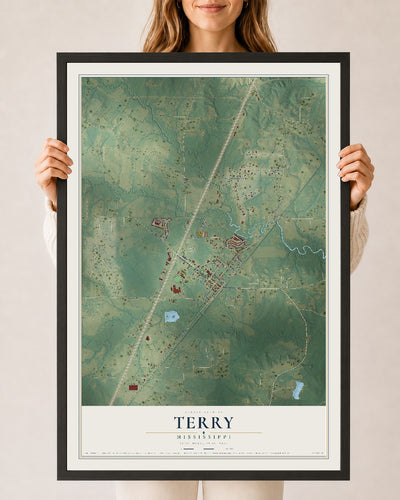 Map of Terry, Mississippi, 24 x 36 inch print in a black wood frame