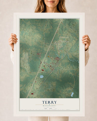 Map of Terry, Mississippi, 24 x 36 inch print in a white wood frame