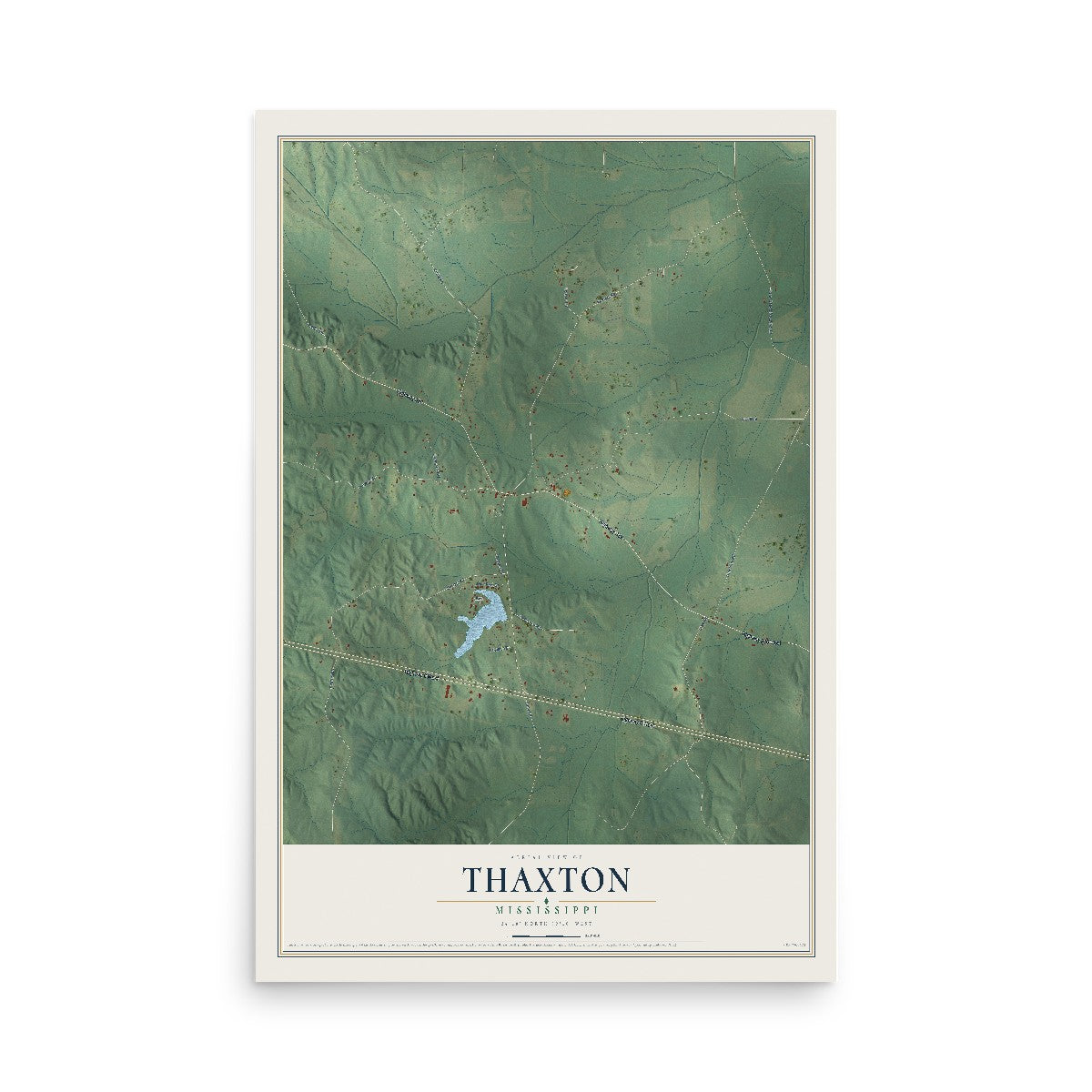 Map of Thaxton, Mississippi, 12 x 18 inch unframed archival matte print